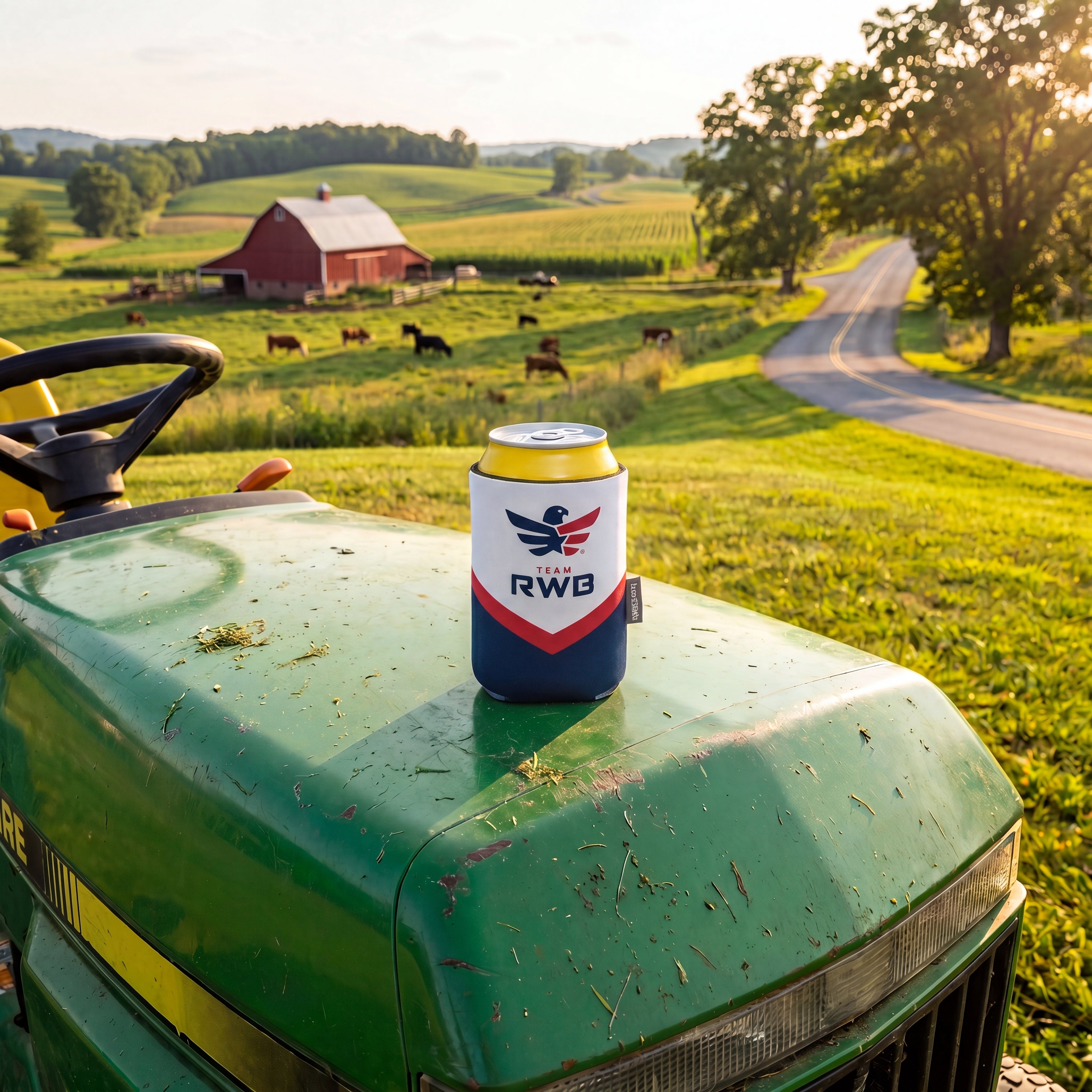 Cup with Team RWB logo on a green tractor in a rural setting with a red barn and fields.