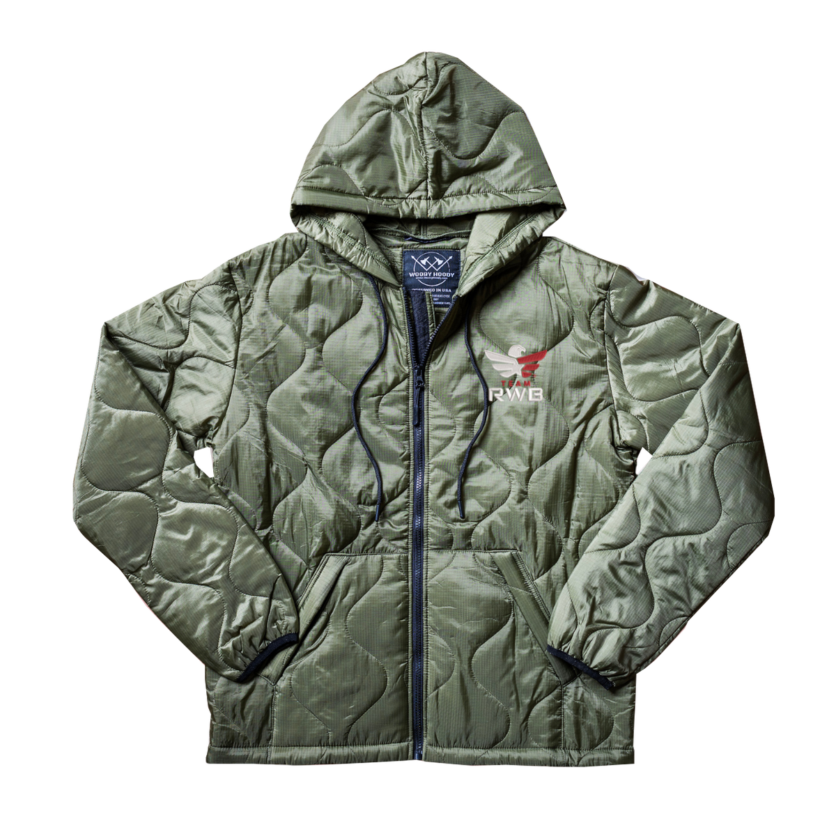 Men's / Unisex Team RWB × Woobie Hoodie – front view showing embroidered Eagle chest logo on lightweight poncho liner nylon hoodie