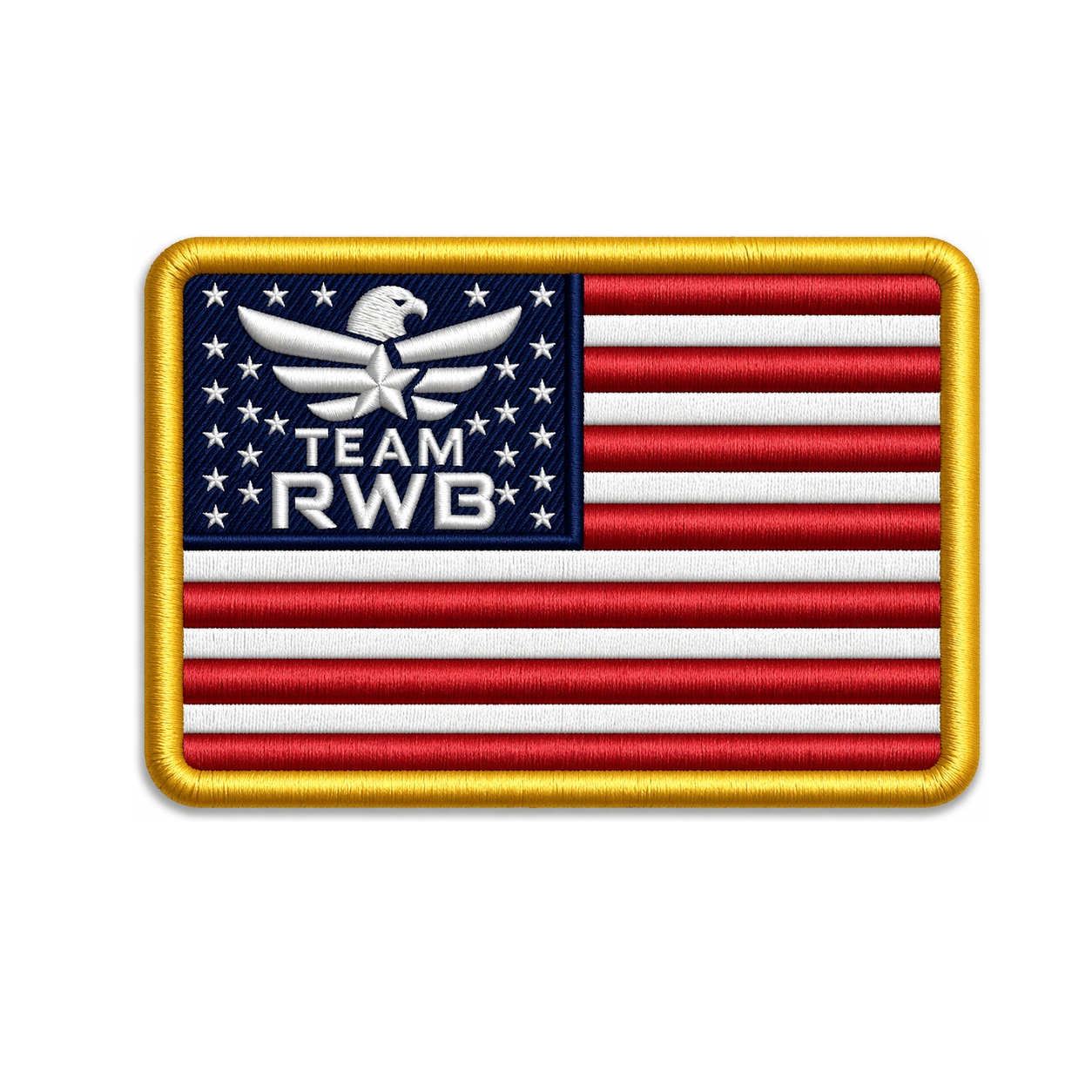 Team RWB flag velcro patch – American flag design with Team RWB Eagle embroidered on canton, gold merrow border. 2x3 inch hook-backed morale patch, flat lay.