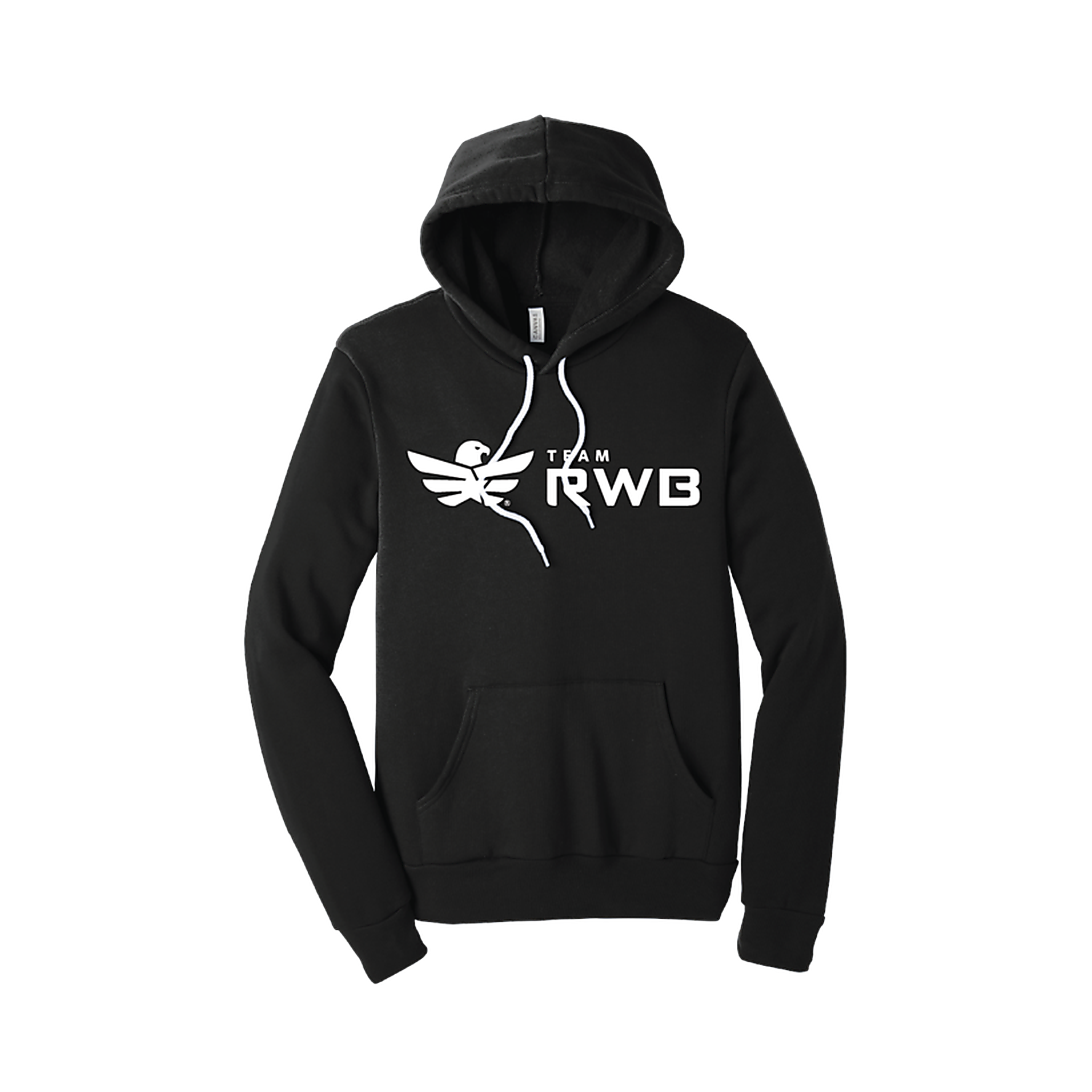 Men's/Unisex Team RWB Logo Hoodie in black – front view showing white screen-printed Team RWB Eagle graphic on chest, kangaroo pocket, drawstring hood