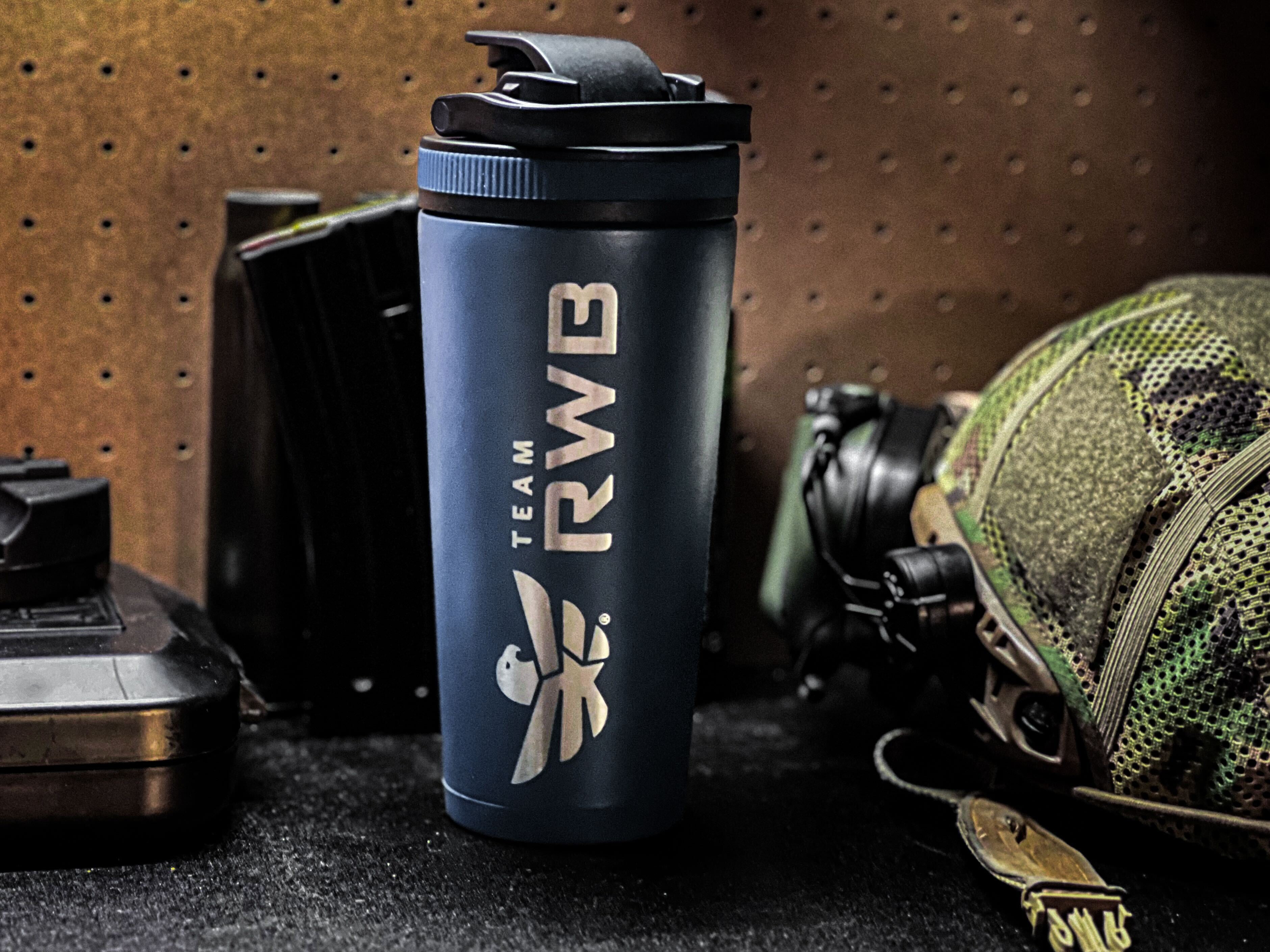 Team RWB Ice Shaker Bottle 26oz – navy stainless steel with Eagle logo and silicone base