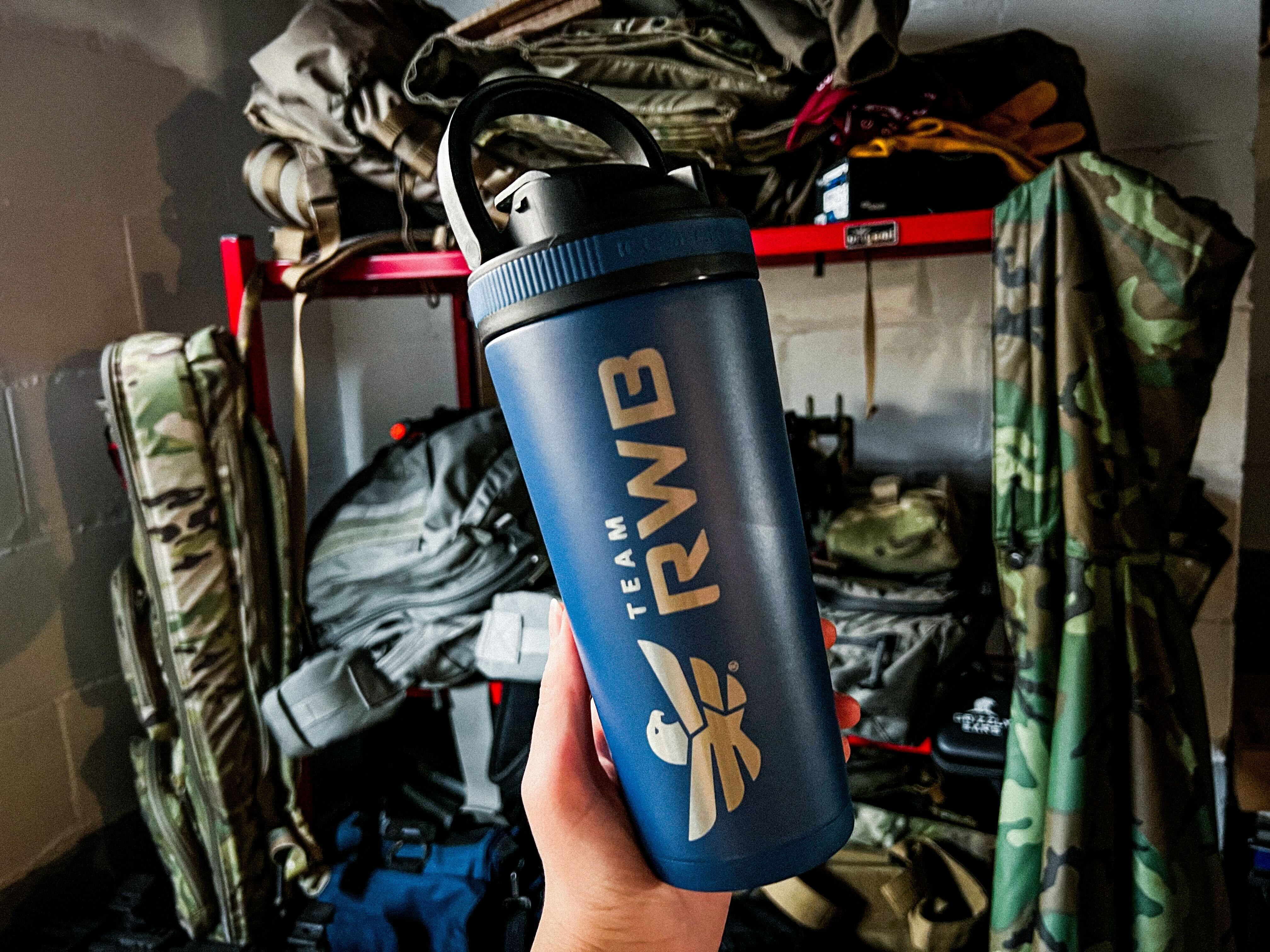 Team RWB 26oz Ice Shaker Bottle – side view, navy stainless steel
