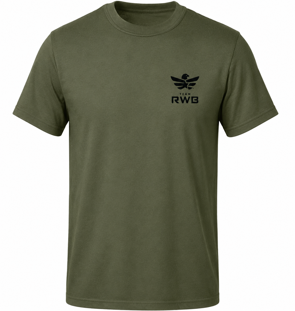 Men's Soffe 50/50 Duty Undershirt Olive Drab, scaled-down Team RWB Eagle on left chest, flat lay front view