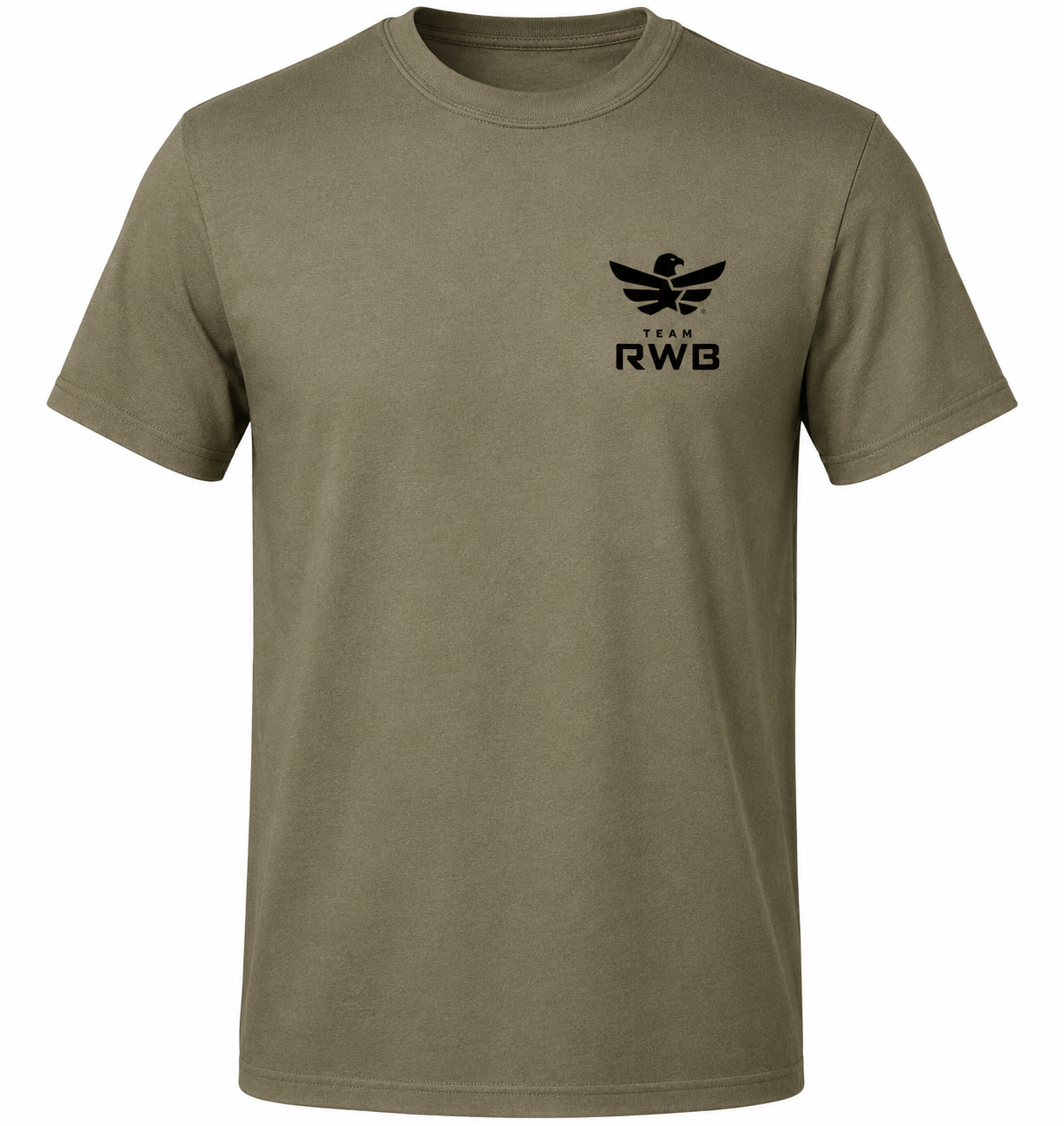 Men's Soffe 50/50 Duty Undershirt Coyote Tan 499, scaled-down Team RWB Eagle on left chest, flat lay front view