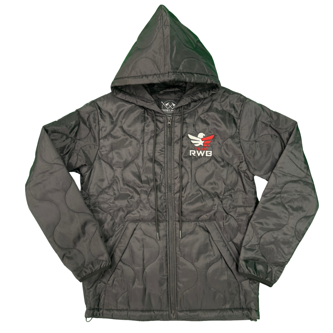 Men's / Unisex Team RWB × Woobie Hoodie – front view showing embroidered Eagle chest logo on lightweight poncho liner nylon hoodie