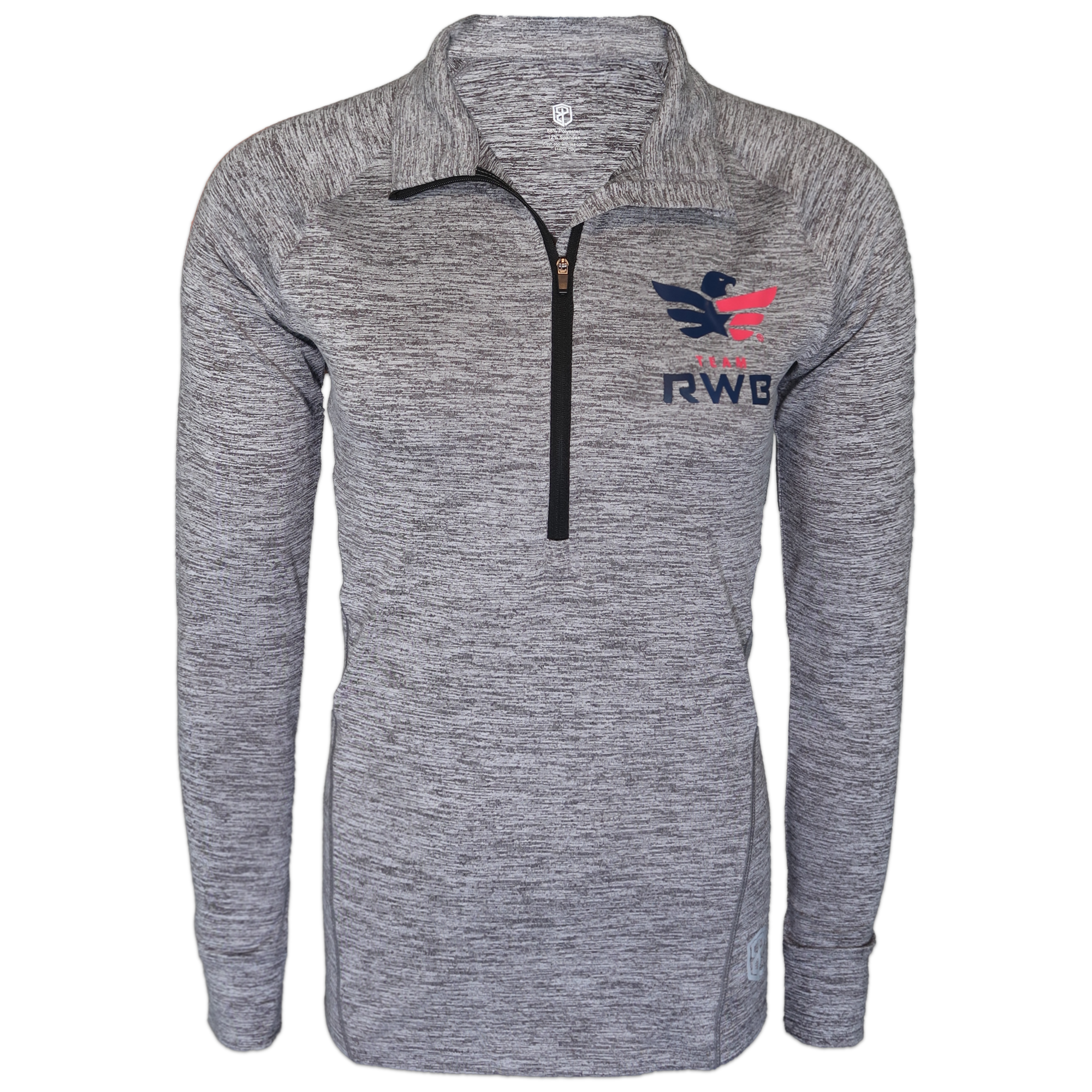 Women's Born Primitive 1/4-Zip Pullover in gray – front view showing embroidered Team RWB Eagle logo, quarter-zip collar