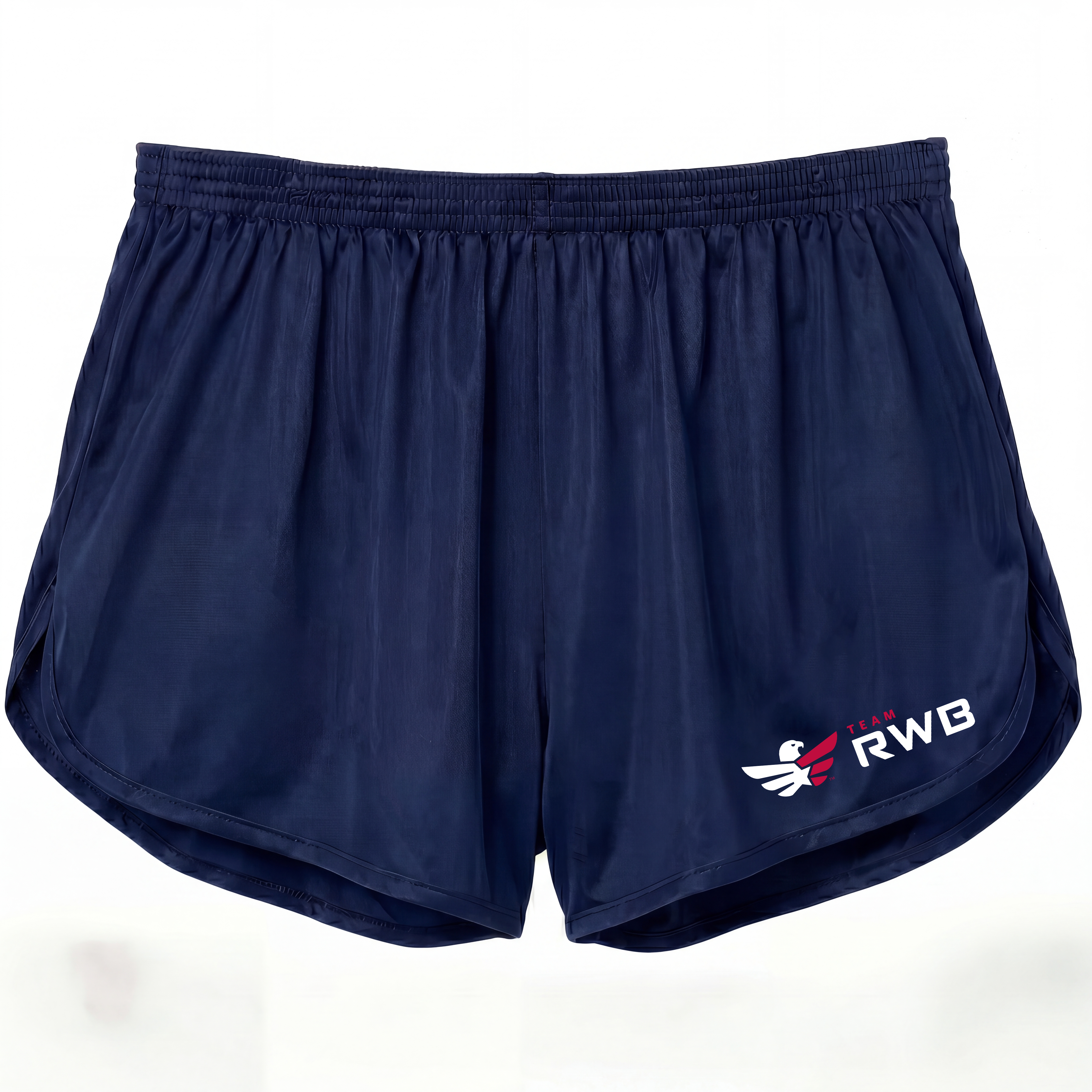 Navy blue shorts with a logo on a white background