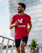 Team RWB Soffe Performance Mesh T-Shirt Red – lifestyle front view, male Eagle running outdoors
