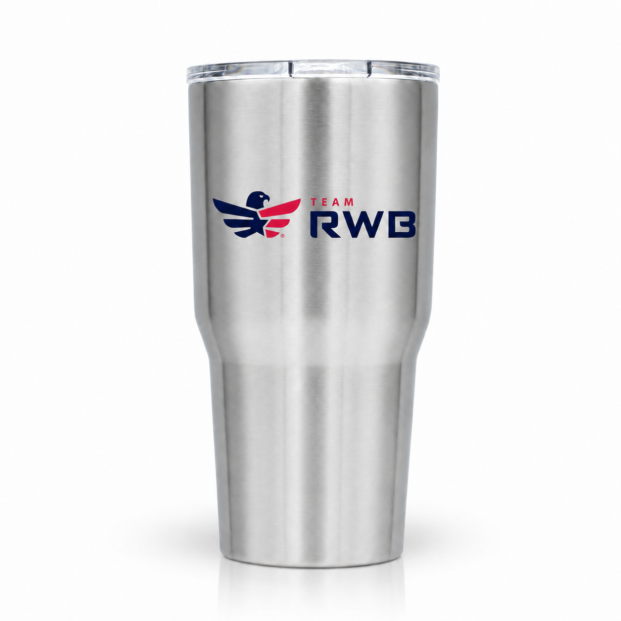 A stainless steel 30-inch travel tumbler with a clear lid, featuring a navy blue and red 'Team RWB' logo on the front, set against a plain white background.
