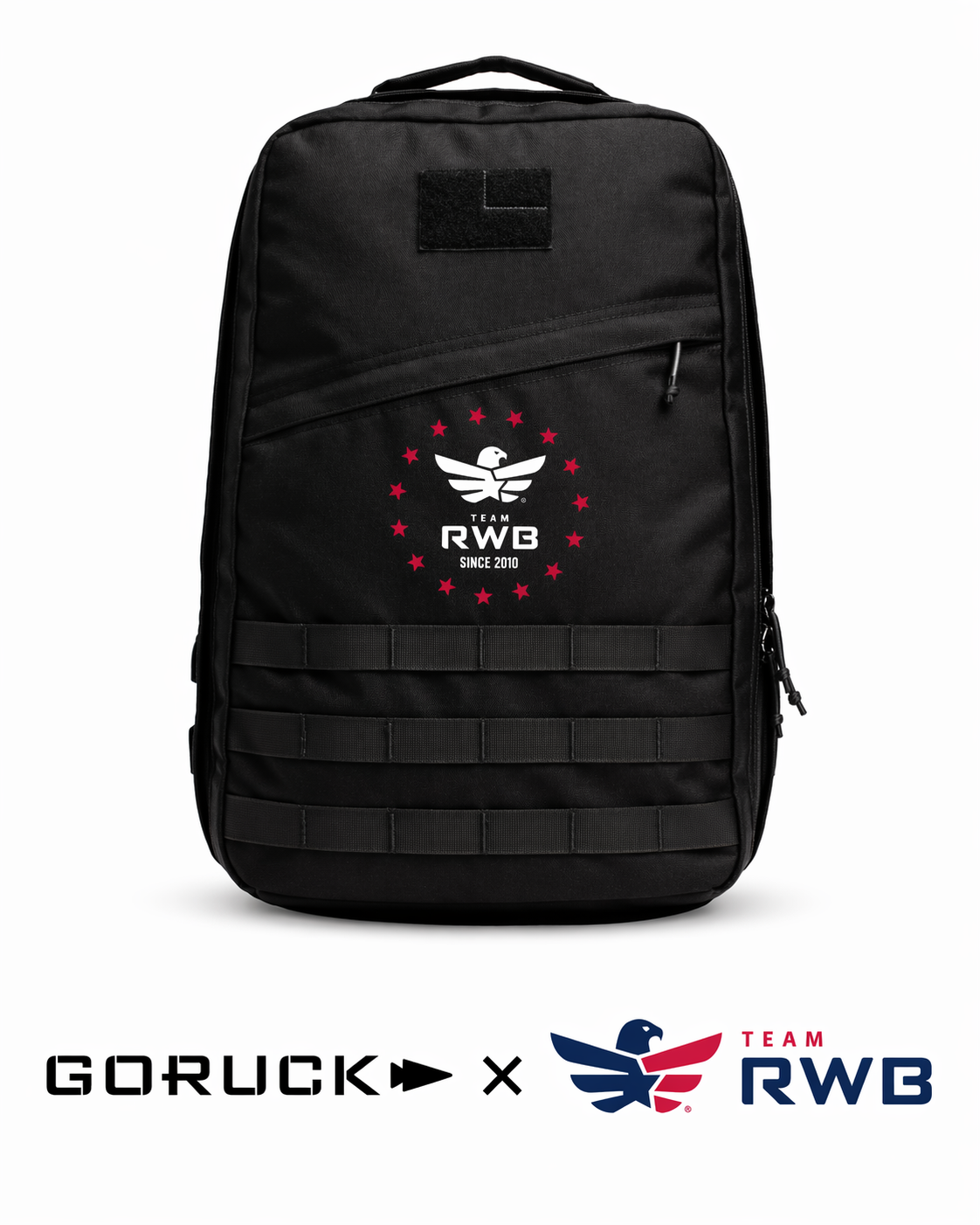Team RWB 15th Anniversary Legacy GORUCK GR1 Rucksack in black – front view showing embroidered Eagle logo and Since 2010 anniversary design.
