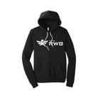 Men's/Unisex Team RWB Logo Hoodie in black – front view showing white screen-printed Team RWB Eagle graphic on chest, kangaroo pocket, drawstring hood
