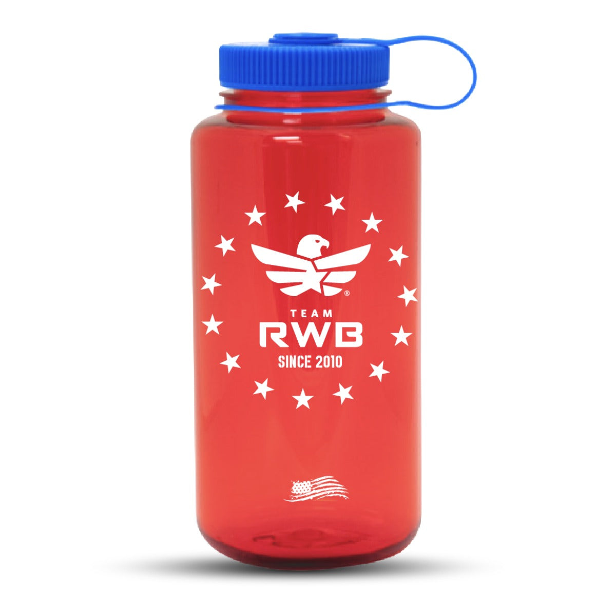 Team RWB Legacy 32 oz Nalgene Water Bottle in red – wide-mouth BPA-free bottle with blue lid, white Eagle logo and star ring graphic, Since 2010 text