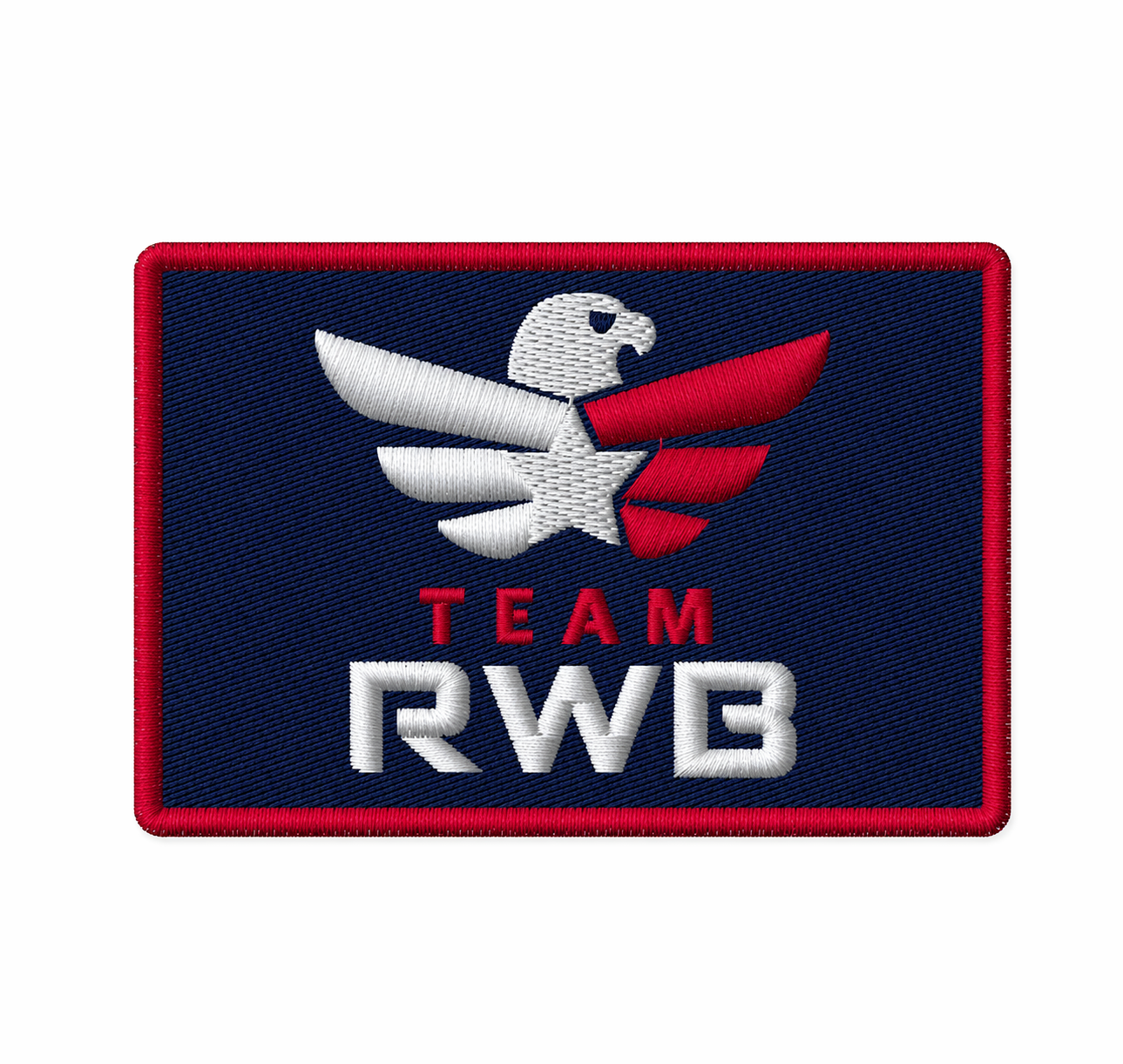 Team RWB Velcro Patch Logo Navy, full-color embroidered Eagle on navy background, 2x3 inch hook-backed morale patch, flat lay