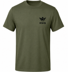 Men's Soffe 50/50 Duty Undershirt Olive Drab, scaled-down Team RWB Eagle on left chest, flat lay front view