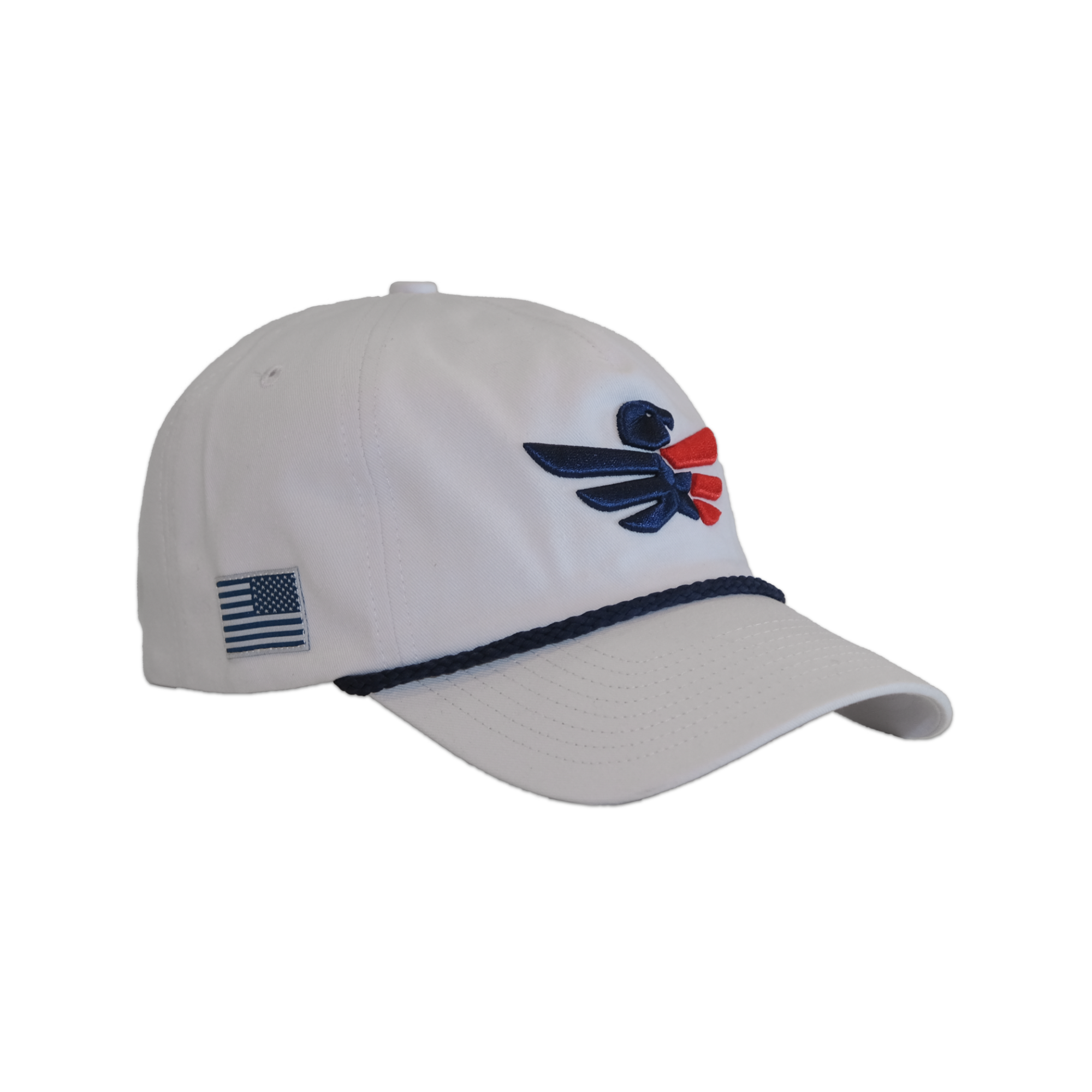 Team RWB Adjustable Snapback Hat in race white – front view showing embroidered navy Eagle logo, flat brim, adjustable back strap