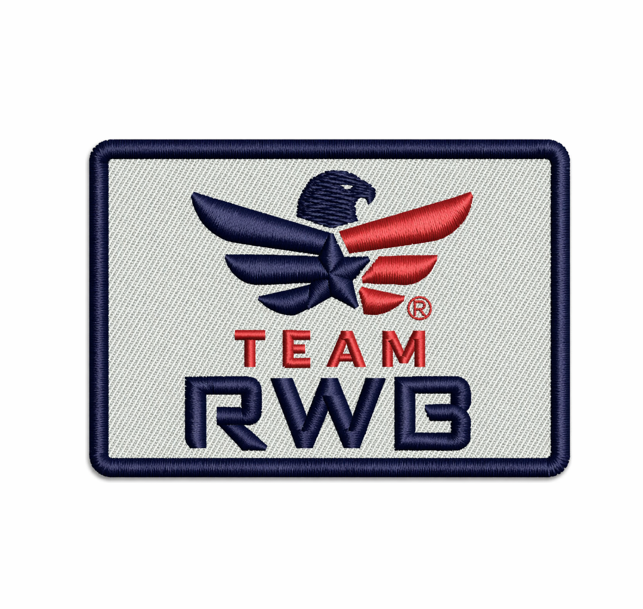 Team RWB Velcro Patch Logo White, full-color embroidered Eagle on white background, 2x3 inch hook-backed morale patch, flat lay
