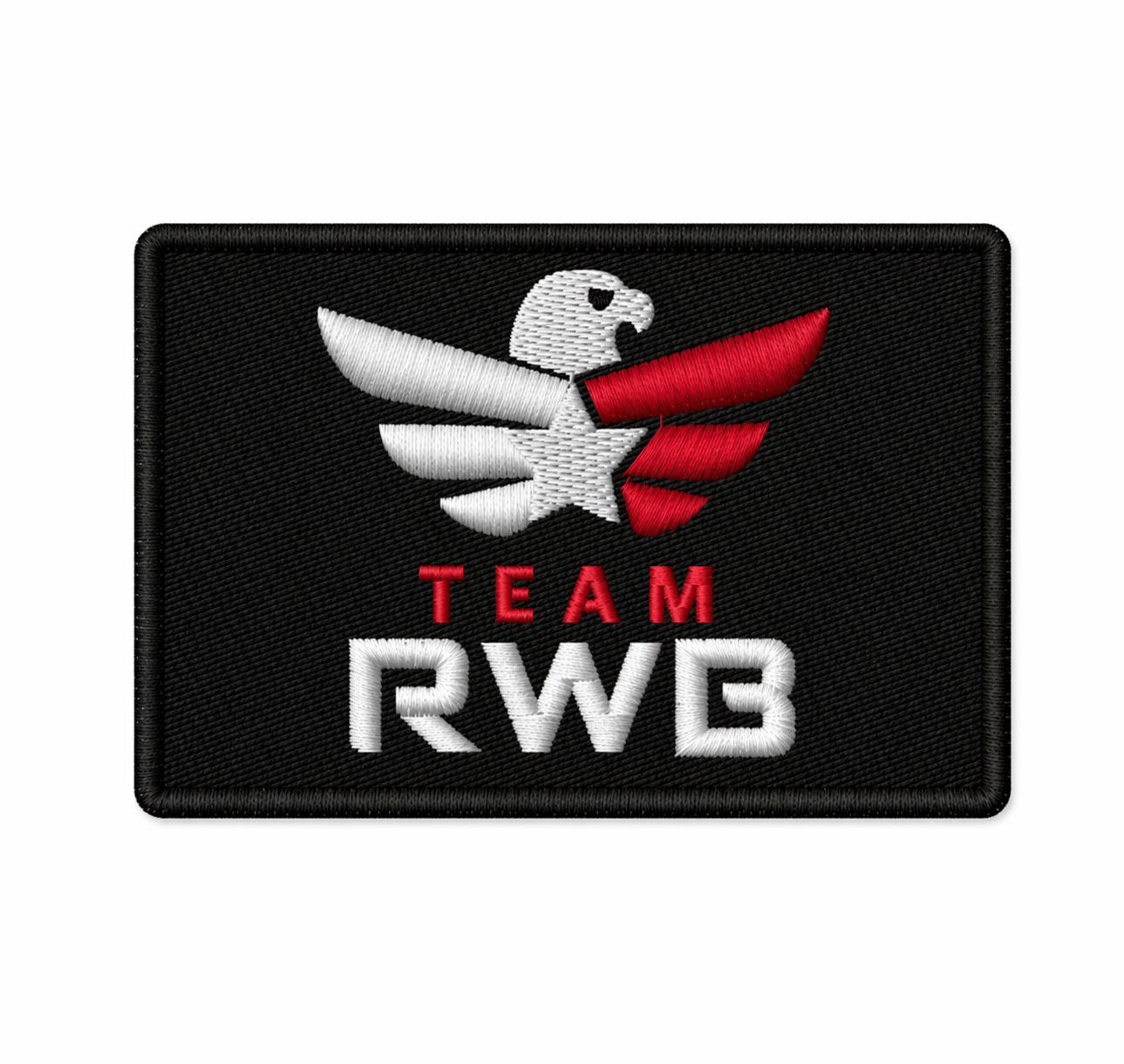 Team RWB Velcro Patch Logo Black, full-color embroidered Eagle on black background, 2x3 inch hook-backed morale patch, flat lay
