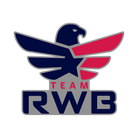 Lapel pin with logo of Team RWB with an eagle design on a white background