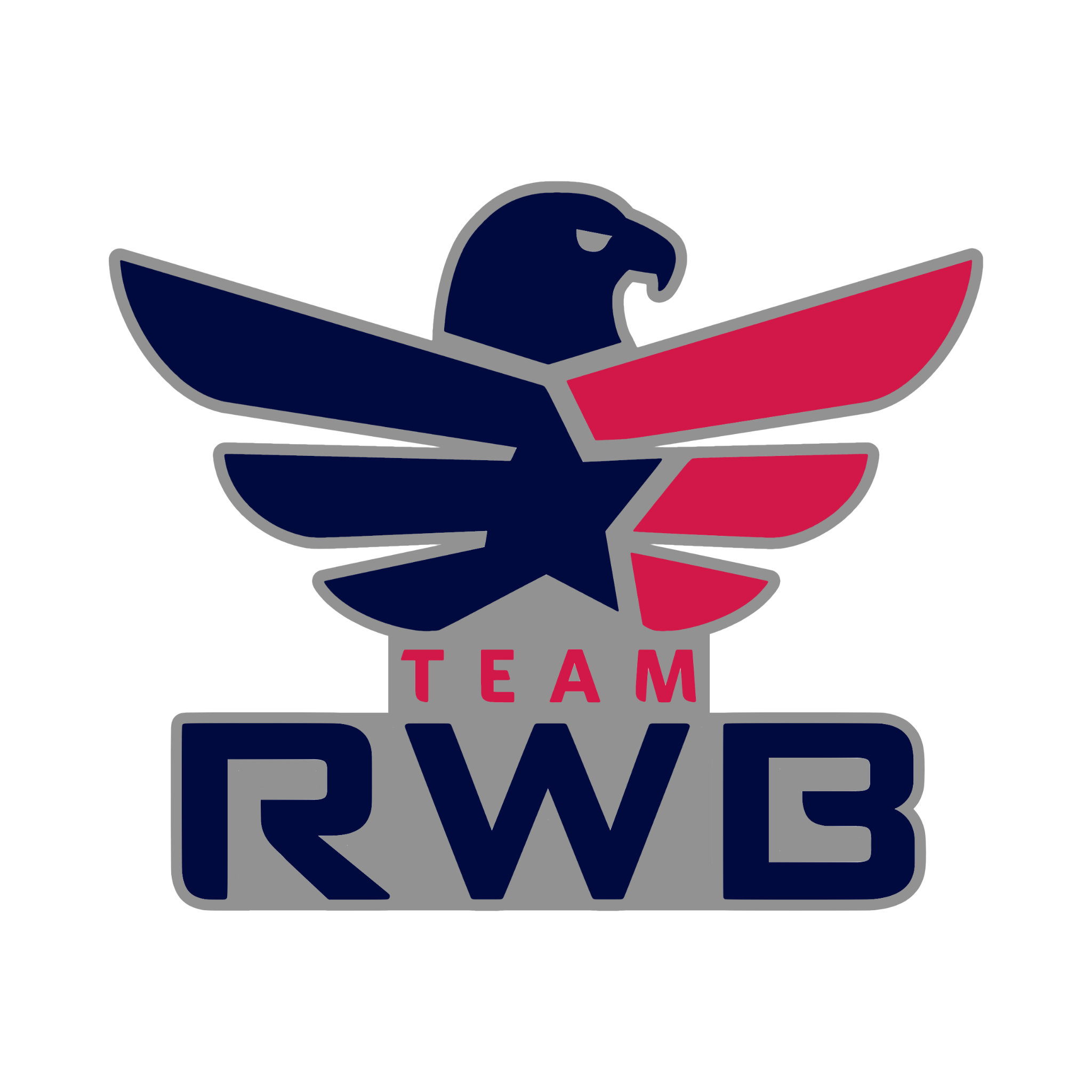 Lapel pin with logo of Team RWB with an eagle design on a white background