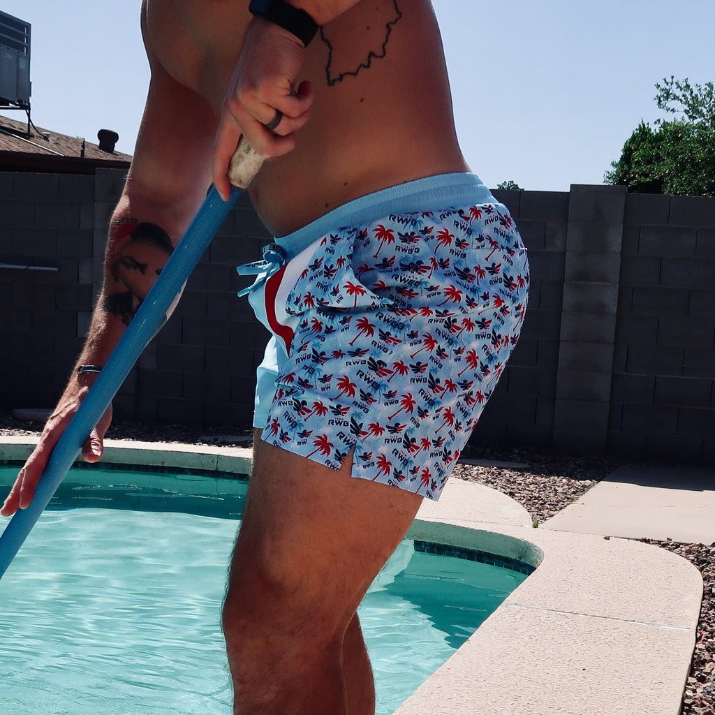 These quick-drying weekend-enhancing swim trunks rock our classic lightweight & quick-drying polyester/spandex fabric with 4 pockets and a breathable mesh basket liner making pool hopping easier than ever  When in doubt... "Sky's Out - Thigh's Out" - Abe Lincoln (probably)