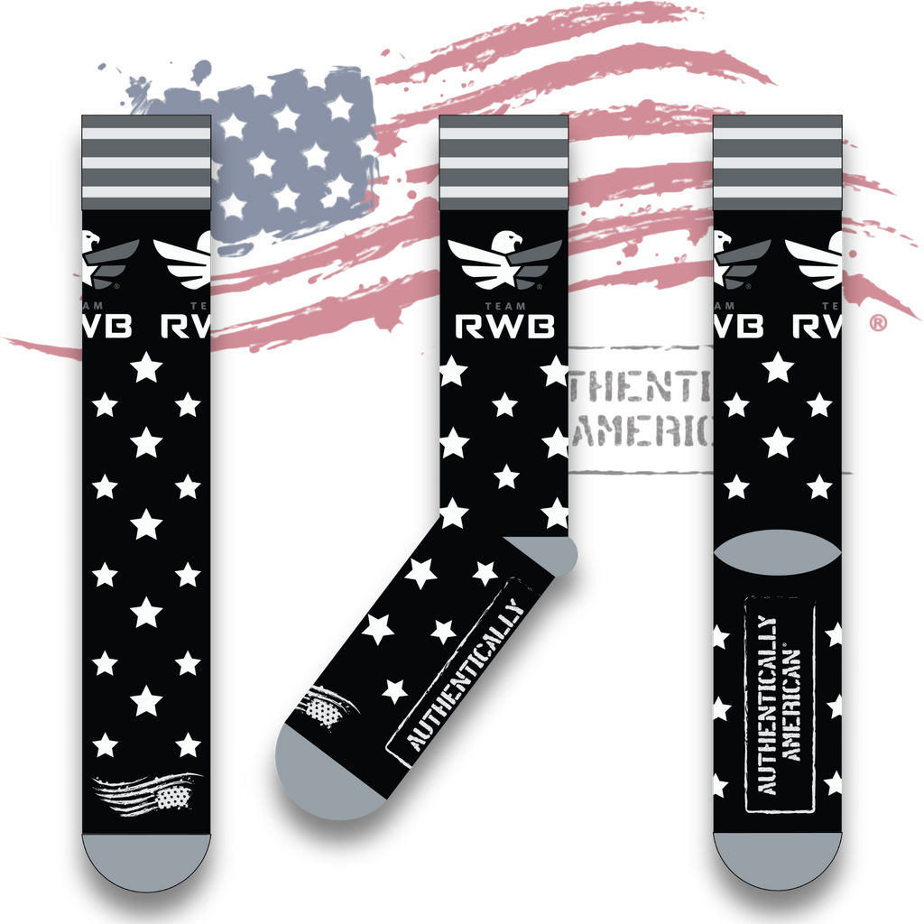 Made in the USA by a veteran-owned business Express your patriotism in a fun and fashionable way. Our premium knit socks are high quality and will not sag or fall down. Make a subtle statement in black/gray, or a more bold statement in red/blue. They are destined to be your new favorite pair of socks!  Fine combed cotton; 75% cotton, 21% nylon, and 4% lycra  Fits Women's shoe sizes 7-12 / Men's shoe sizes 8-13
